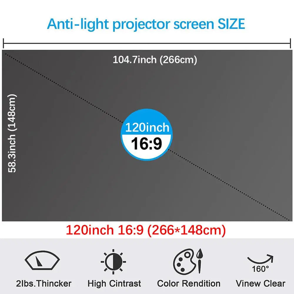 100Inch 4K UHD Anti-Light Foldable Portable Projector Scree (Front View Provides Optimal Clarity) for Home Theater Party Office Classroom Outdoor Indoor Movie Projection Screen 120Inch
