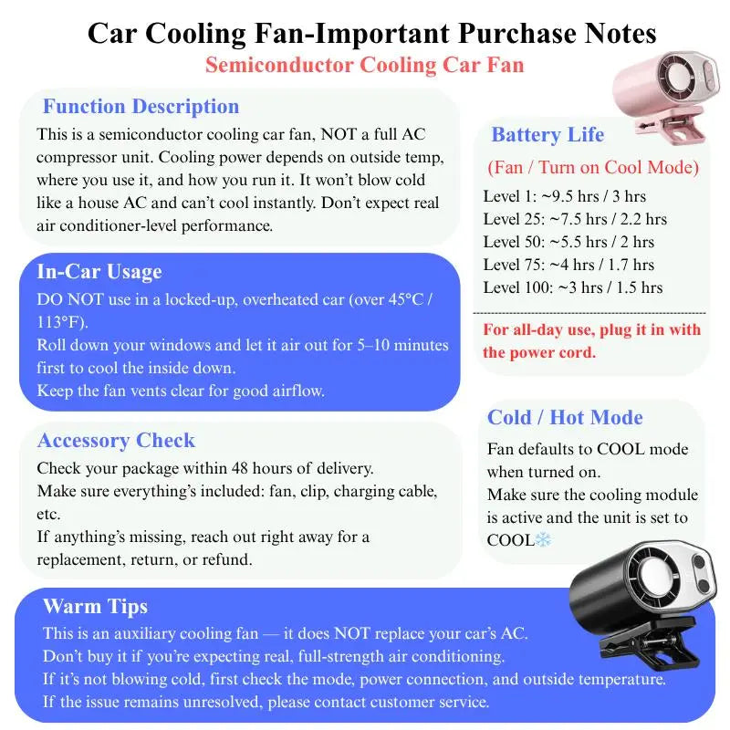 【Summersurvivals】Joytutus Semiconductor Cooling Car Clip on Fan - 360° Rotation, 100 Speeds Adjustable, LED Display, USB Rechargeable, Wide Clamp, 16℃ Semi-Cooling, 20Hr 3000Mah Battery, Personal Summer Fan for Car Sunvisor Backseat, Mobile, Usb Charging